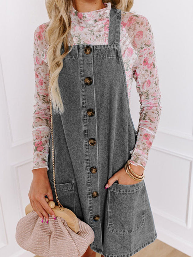 Wide Strap Button Down Denim Overall Dress Trendsi Hanalas