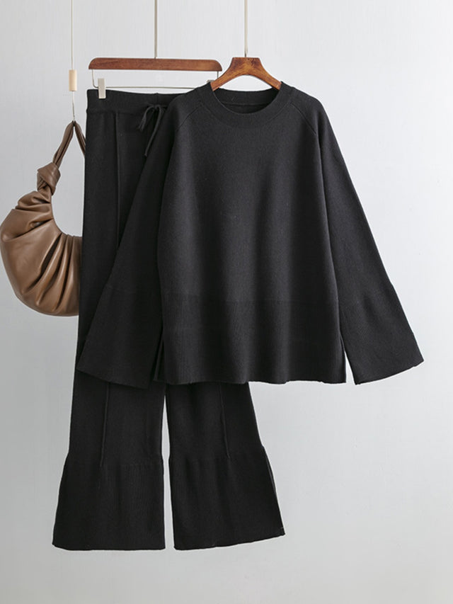 Basic Bae Slit Round Neck Long Sleeve Top and Drawstring Pants Sweater Set Trendsi Hanalas