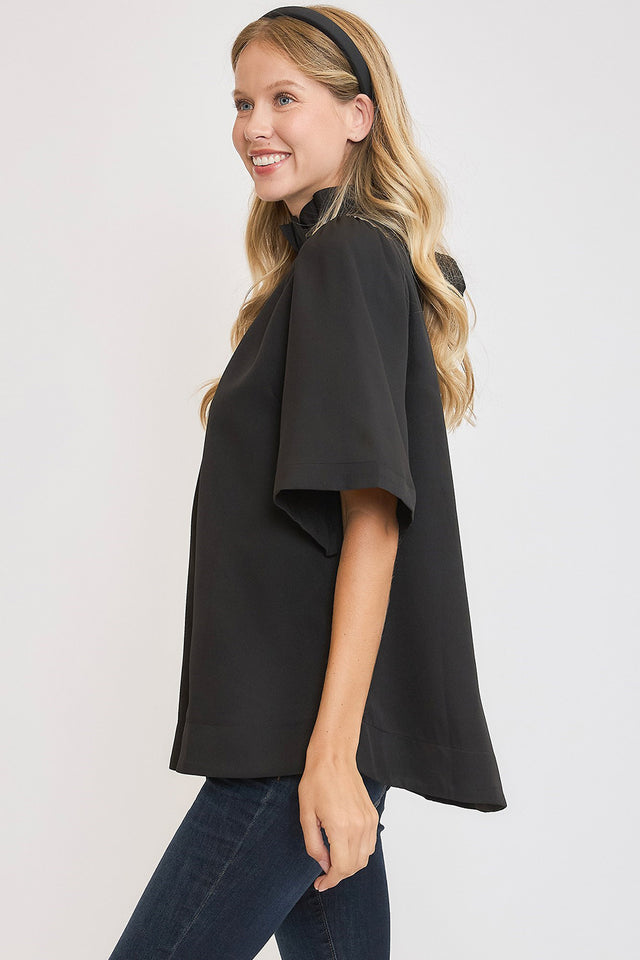 Umgee Bow Tie Back Mock Neck Half Sleeve Blouse | Hanalas