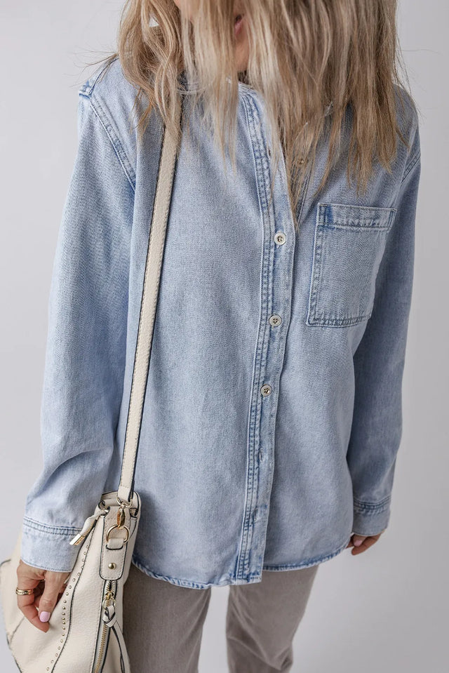 Pocketed Collared Neck Denim Top Trendsi Hanalas