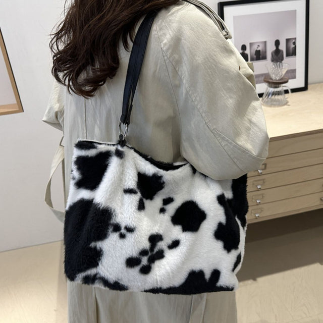 Cow Print Furry Tote Bag Trendsi Hanalas