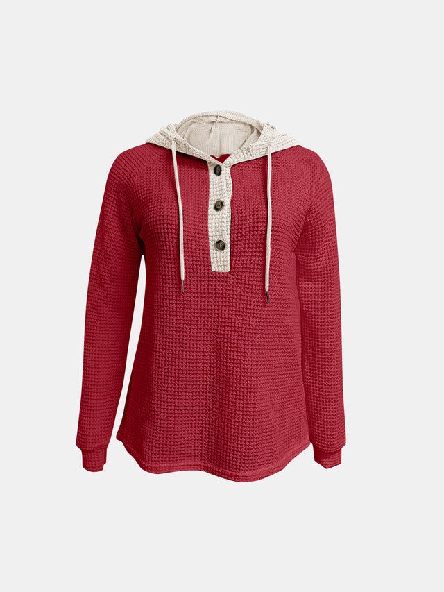 Full Size Waffle-Knit Contrast Long Sleeve Hoodie | Hanalas