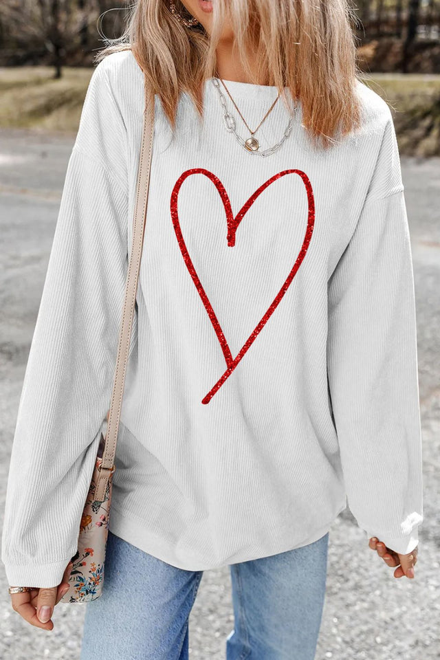 Valentine’s Day Glitter Heart Corded Sweatshirt | Hanalas