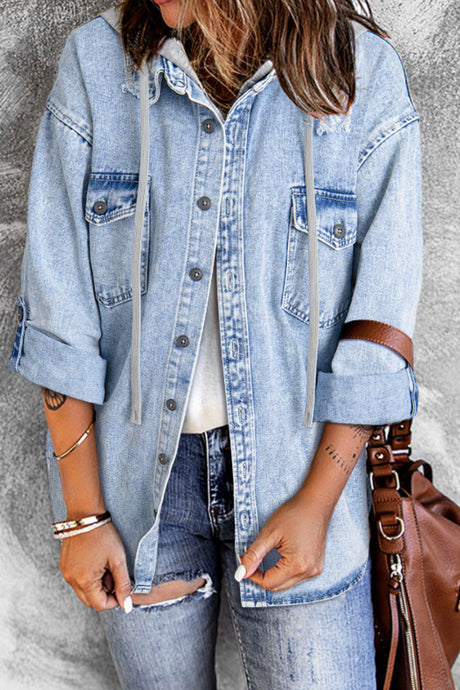 Distressed Button Up Hooded Denim Jacket with Pockets Trendsi Hanalas