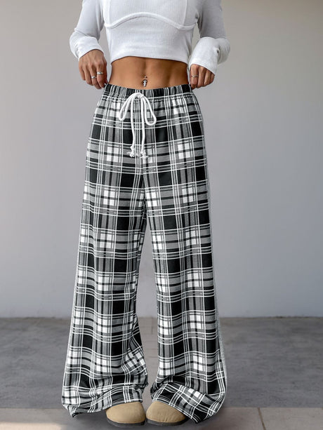 Perfee Drawstring Plaid Wide Leg Pants | Hanalas