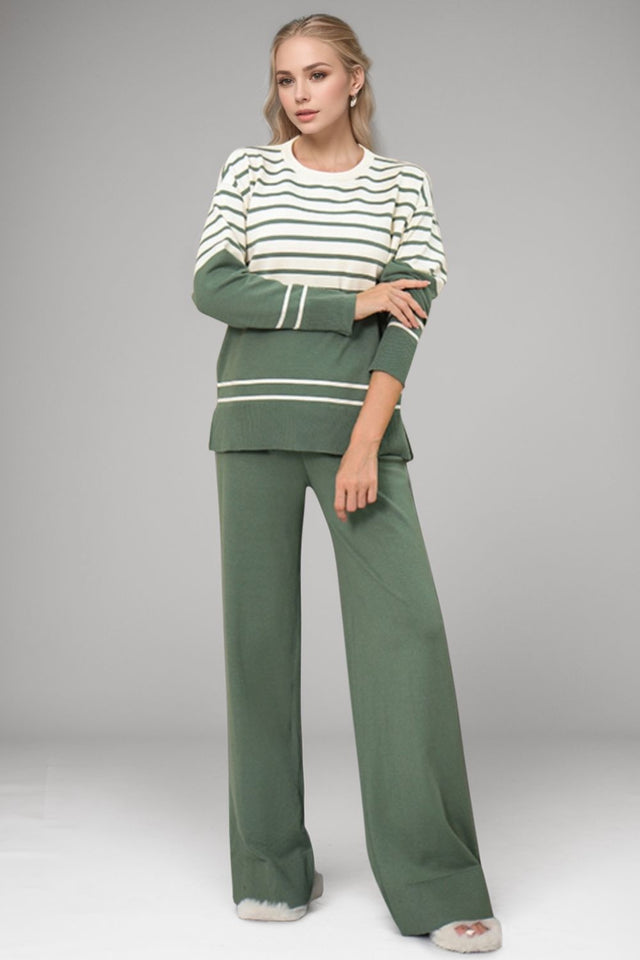 Basic Bae Striped Round Neck Long Sleeve Top and Pants Sweater Set Trendsi Hanalas