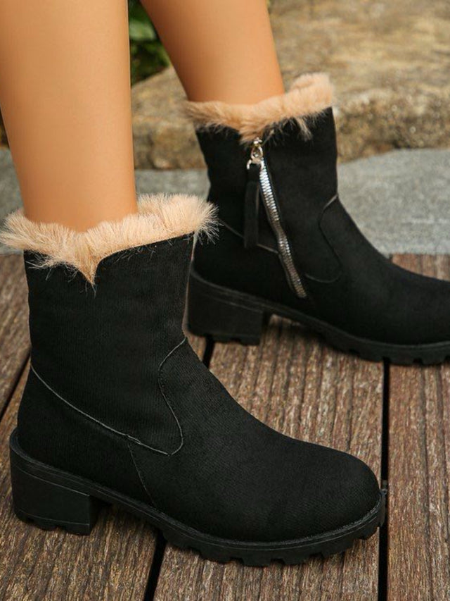 Suede Faux Fur Block Heel Boots | Hanalas