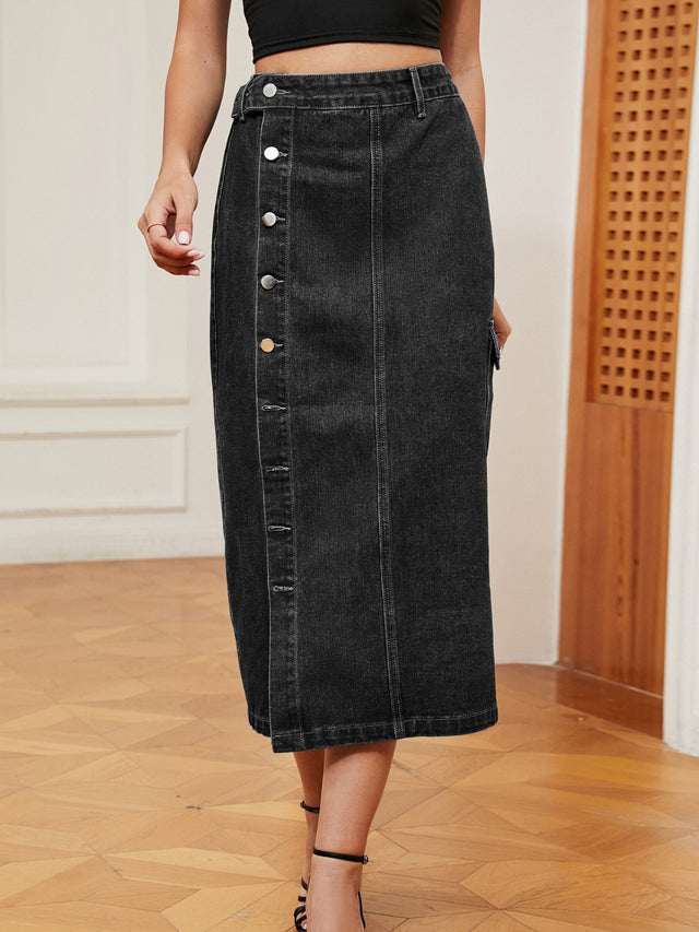 Button Down Midi Denim Skirt Trendsi Hanalas