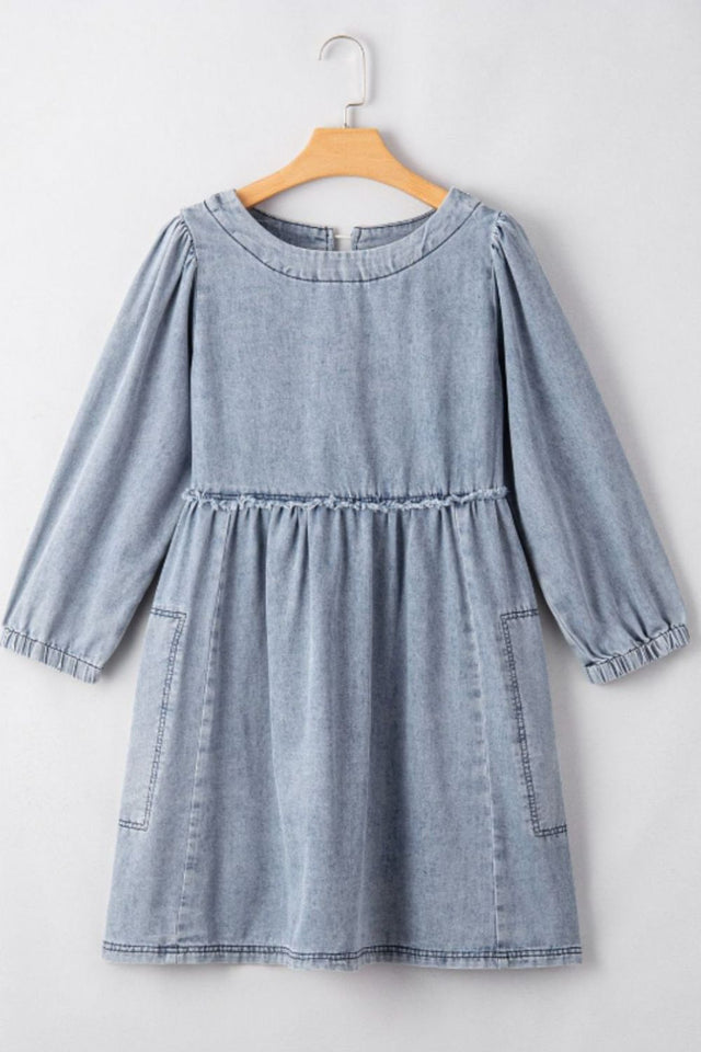 Cutout Round Neck Balloon Sleeve Denim Dress Trendsi Hanalas