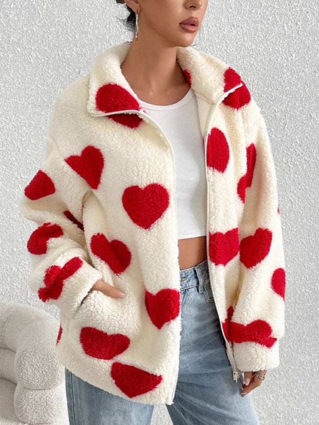 Heart Zip Up Drop Shoulder Furry Jacket | Hanalas