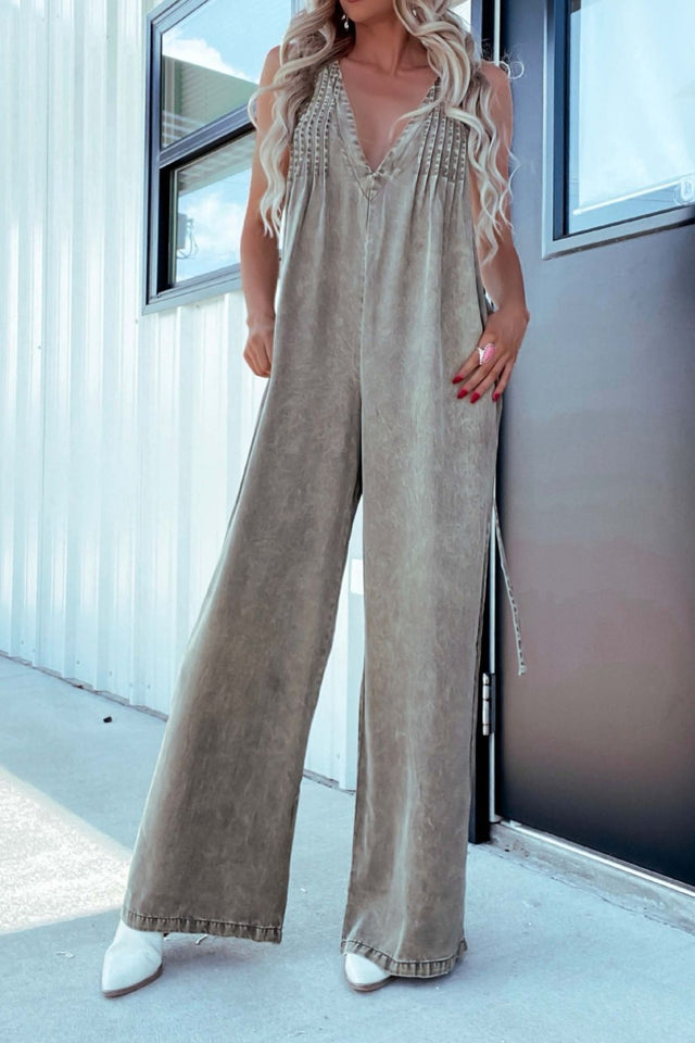 V-Neck Wide Leg Denim Jumpsuit | Hanalas