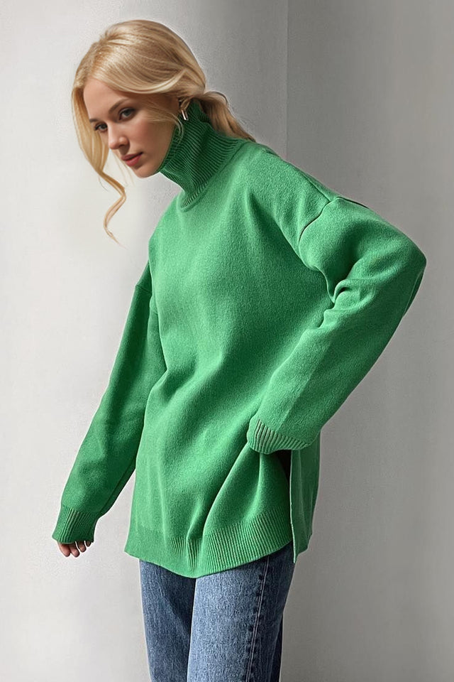 Basic Bae Side Slit Turtleneck Dropped Shoulder Sweater Trendsi Hanalas