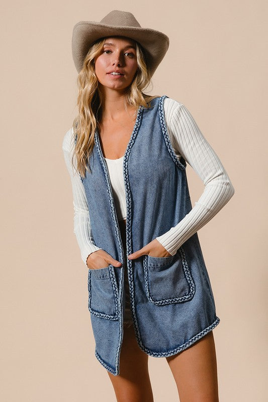 BiBi Braided Trim Open Front Denim Vest with Pockets | Hanalas