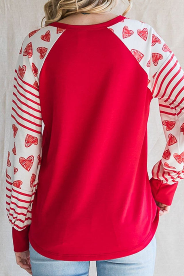 Heart Printed Round Neck Long Sleeve T-Shirt | Hanalas