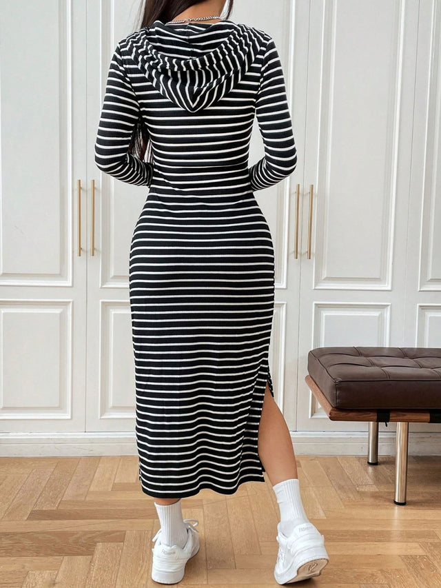 Drawstring Striped Long Sleeve Hooded Dress Trendsi Hanalas