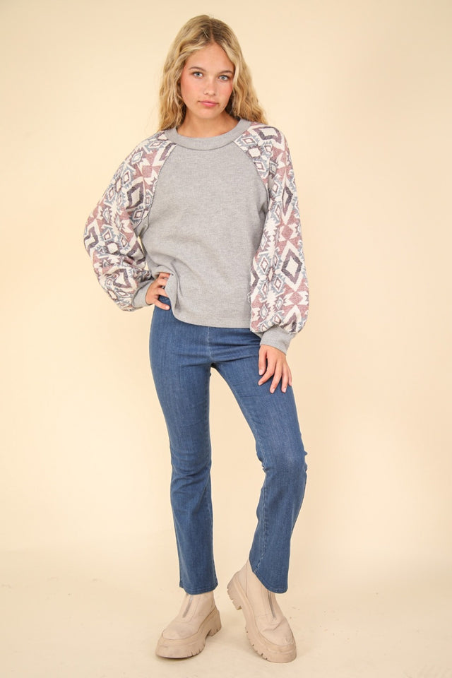 VERY J Printed Long Sleeve Round Neck Knit Top | Hanalas