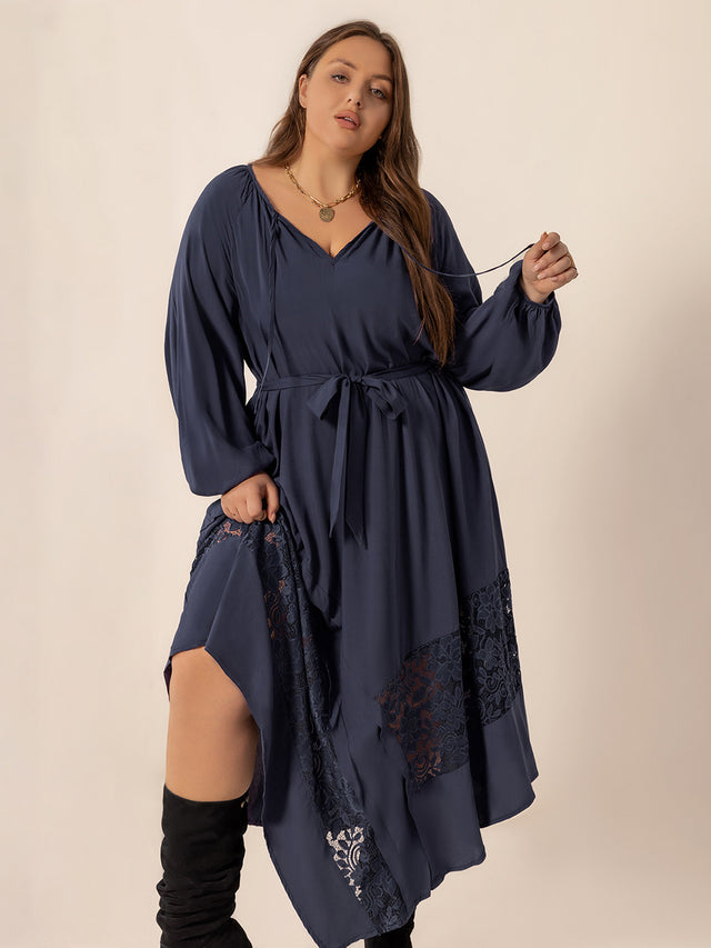 Plus Size Lace Detail Tie Neck Long Sleeve Midi Dress Trendsi Hanalas