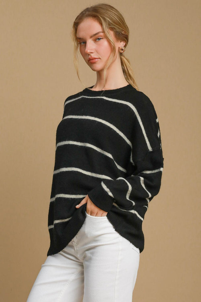 Umgee Wool Blend Striped Round Neck Sweater | Hanalas