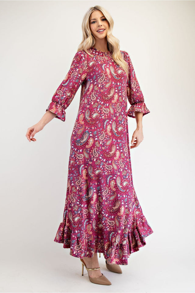 Celeste Full Size Ruffle Hem Paisley Round Neck Dress | Hanalas