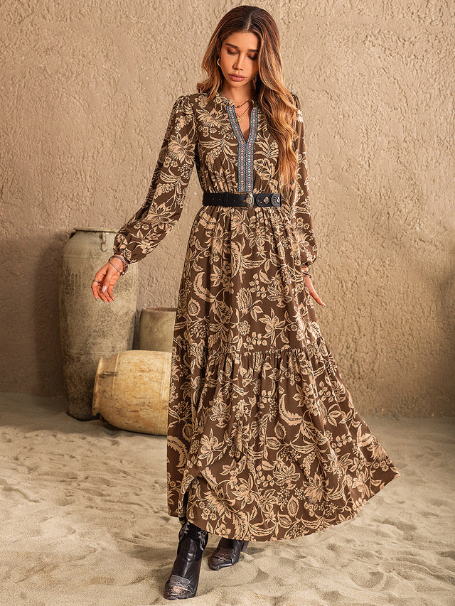 Ruched Printed Notched Long Sleeve Maxi Dress Trendsi Hanalas