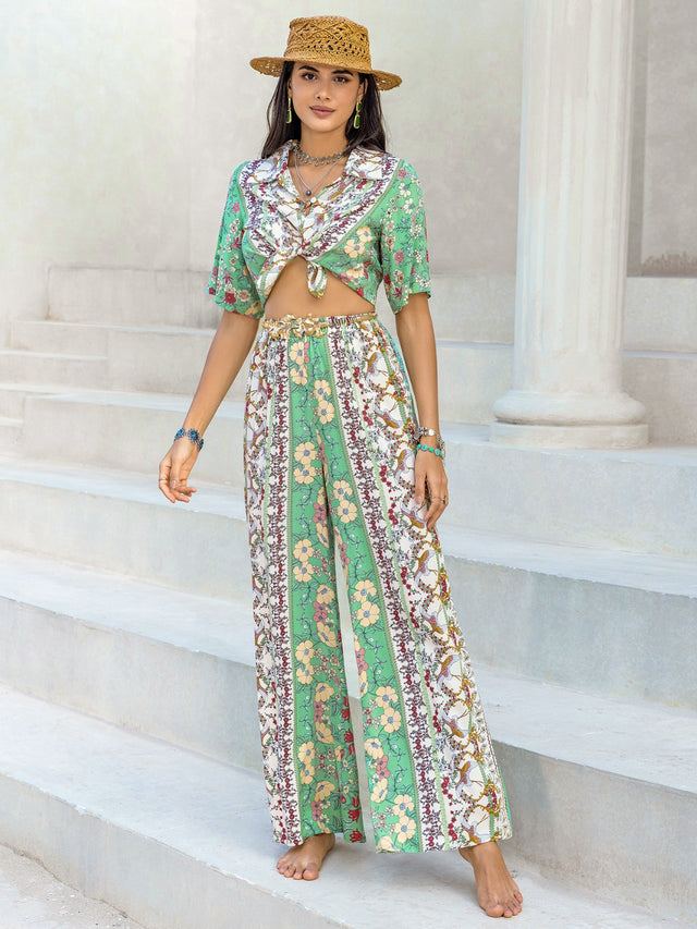 Printed Half Sleeve Top and Wide Leg Pants Set | Hanalas