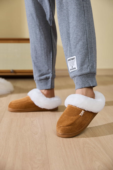 Fluff Trim Round Toe Flat Slippers | Hanalas