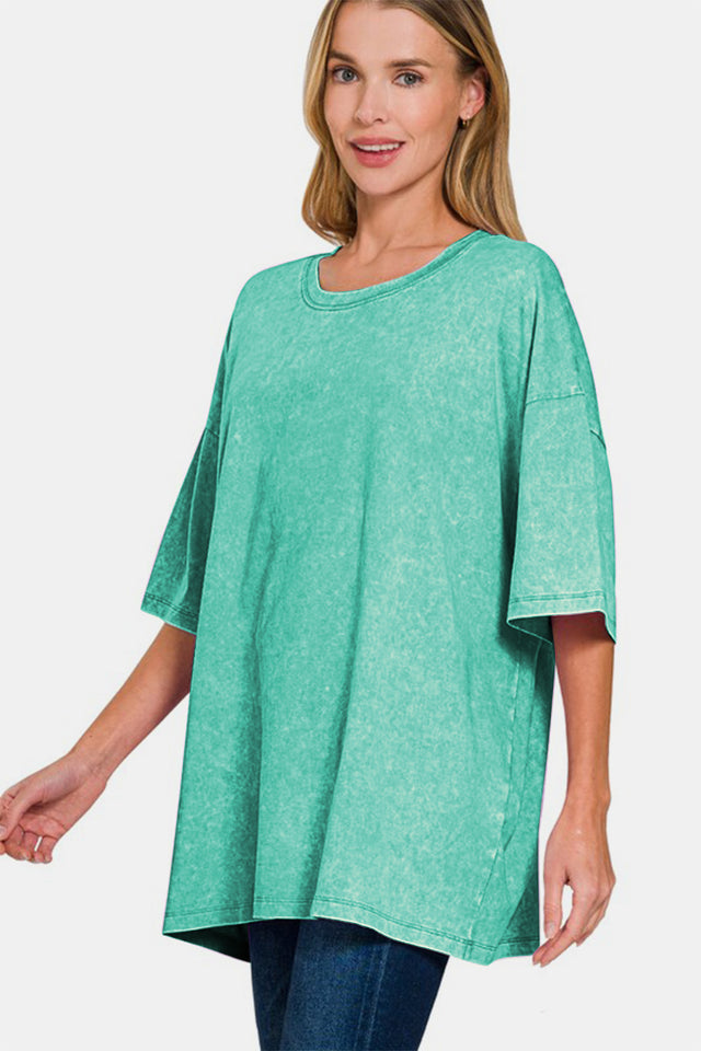 Zenana Full Size Washed Round Neck Drop Shoulder Oversized T-Shirt | Hanalas