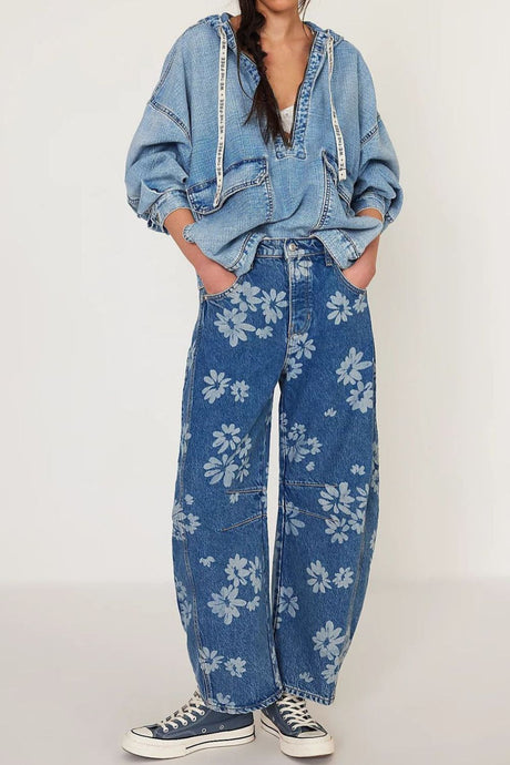 Flower Print Wide Leg Jeans | Hanalas