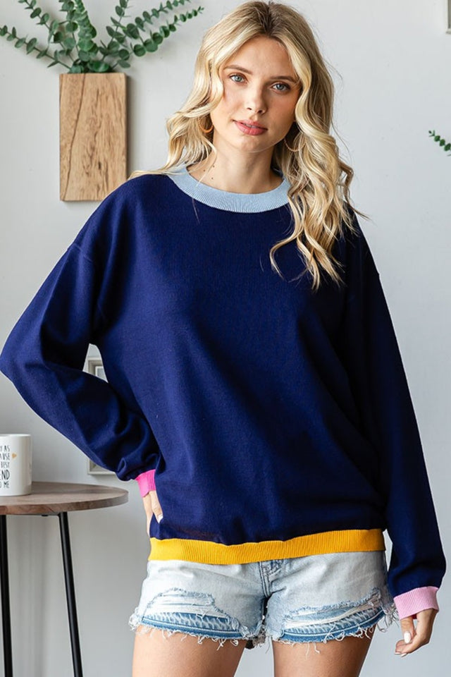 First Love Contrast Ribbed Round Neck Long Sleeve Sweater | Hanalas