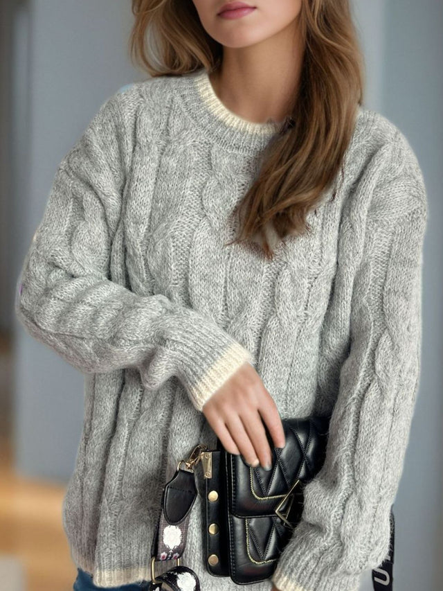 Cable Knit Round Neck Long Sleeve Sweater Trendsi Hanalas