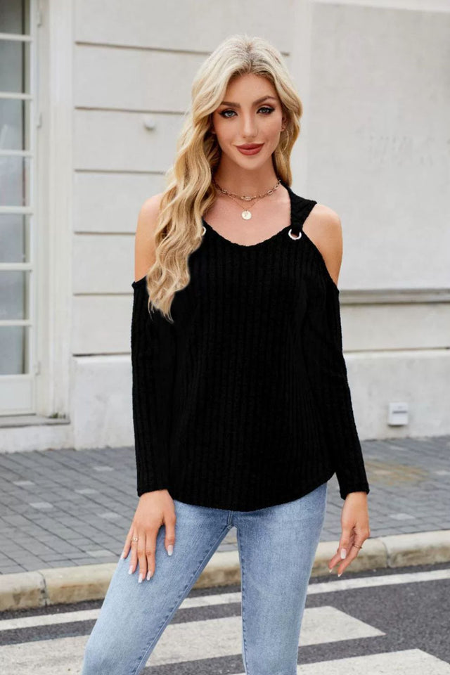 Ribbed Cold Shoulder Long Sleeve Top | Hanalas