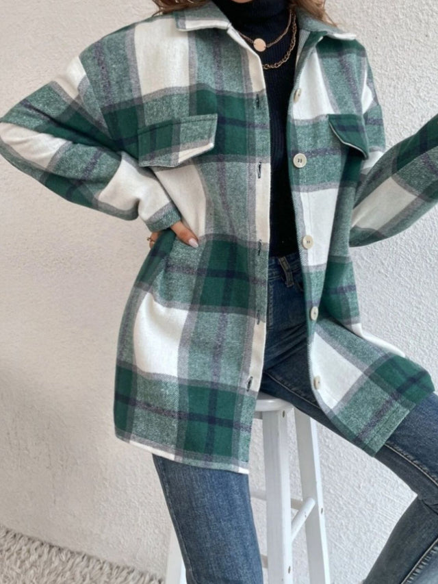 Plaid Collared Neck Dropped Shoulder Shacket | Hanalas