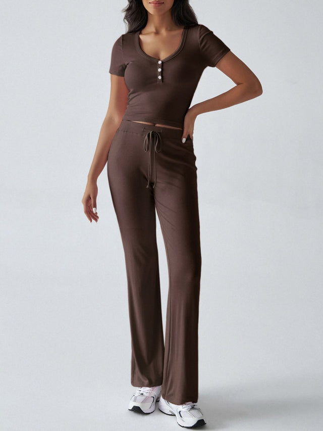 Devine Short Sleeve Top and Drawstring Pants Set | Hanalas