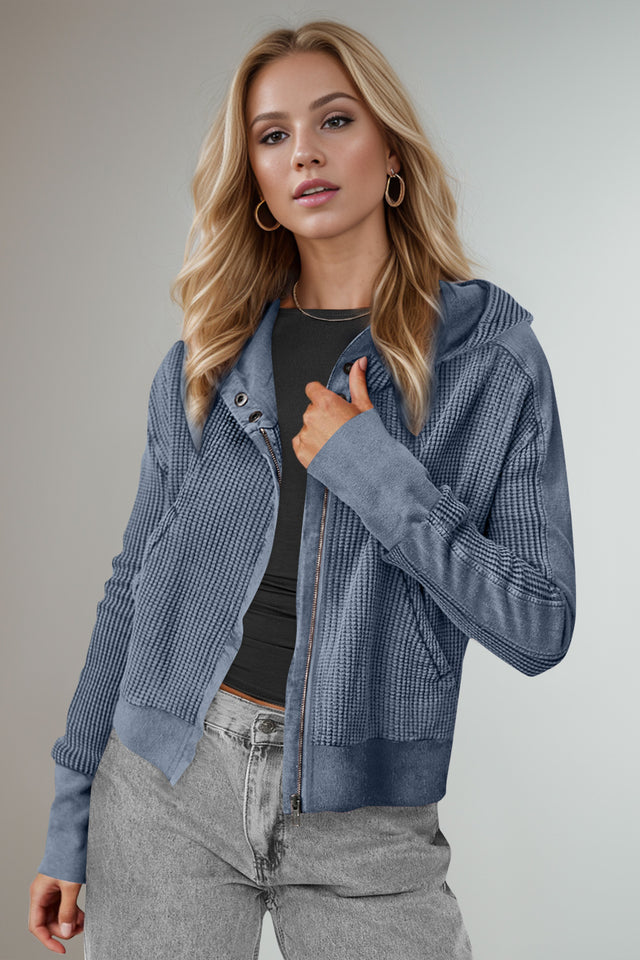 Double Take Waffle-Knit Zip Up Long Sleeve Hooded Jacket | Hanalas