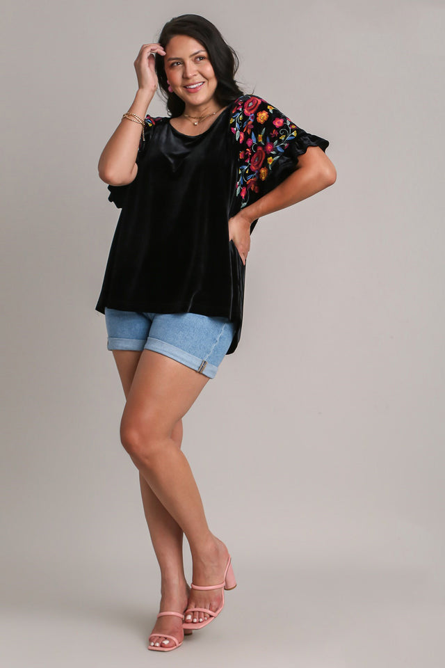 Umgee Full Size Velvet Embroidery Short Sleeve Blouse | Hanalas