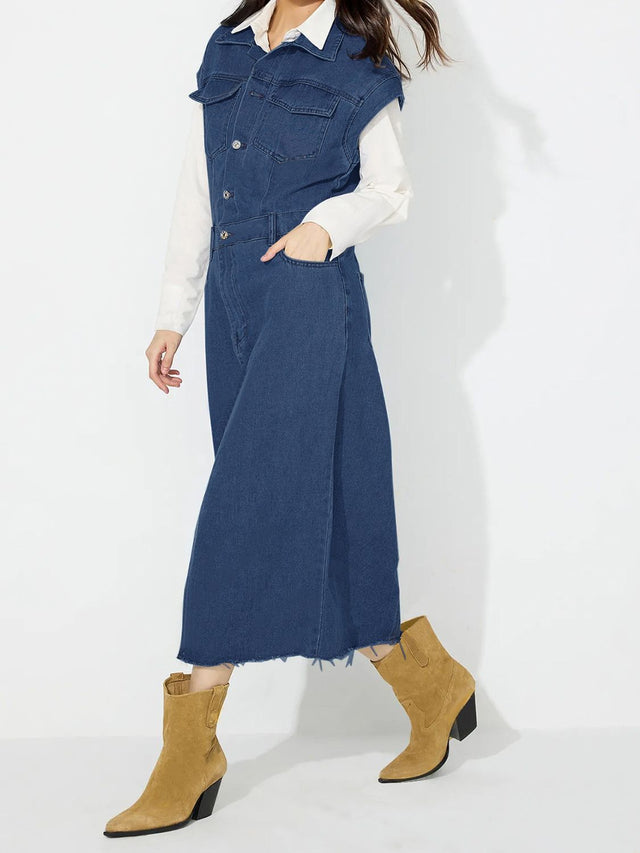 Slit Half Button Collared Neck Cap Sleeve Denim Dress Trendsi Hanalas