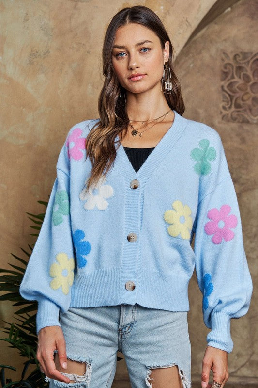 ADORA Flower Button Down Lantern Sleeve Cardigan | Hanalas