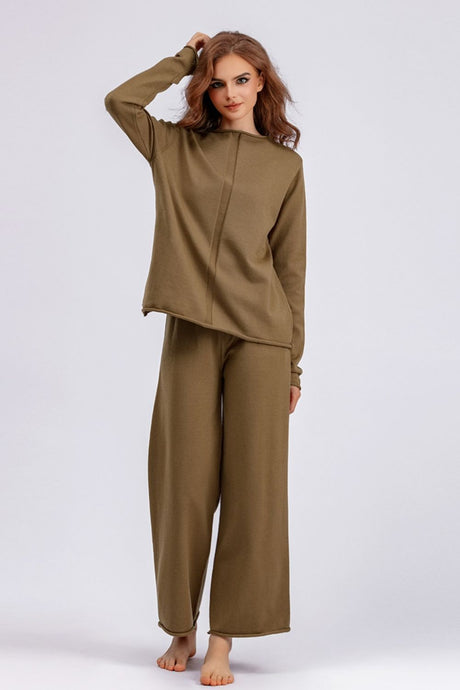 Basic Bae Rolled Round Neck Top and Pants Sweater Set Trendsi Hanalas