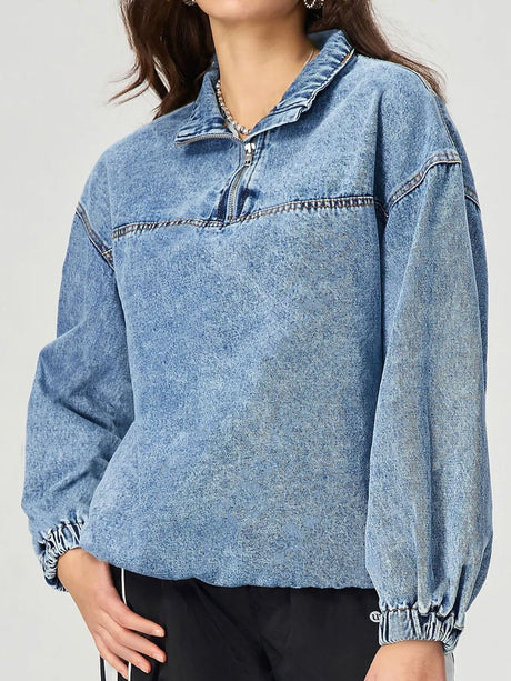 Quarter Zip Collared Neck Denim Top | Hanalas