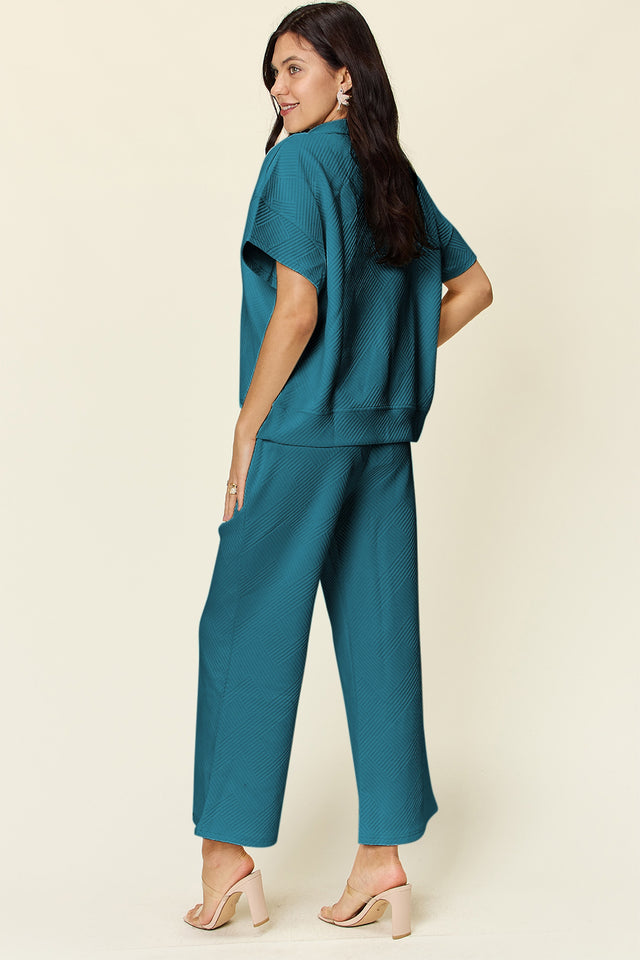 Double Take Full Size Texture Half Zip Short Sleeve Top and Pants Set | Hanalas