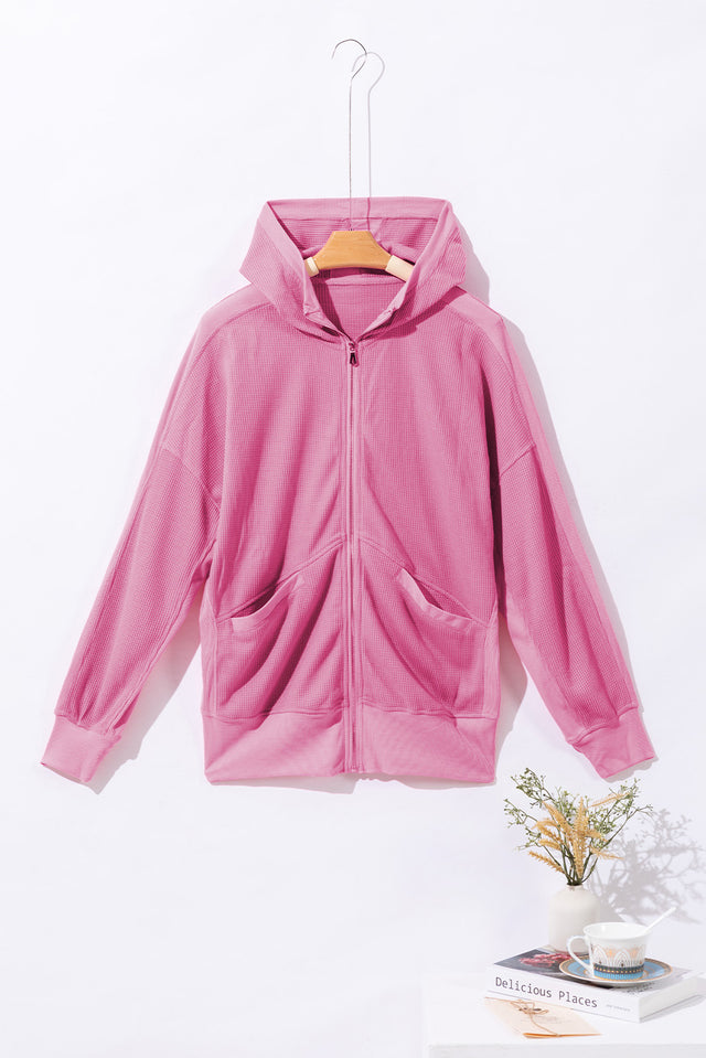 Waffle-Knit Pocketed Zip Up Hooded Jacket | Hanalas