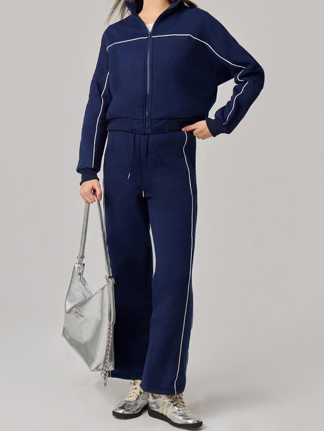 Zip Up Long Sleeve Top and Drawstring Pants Set | Hanalas