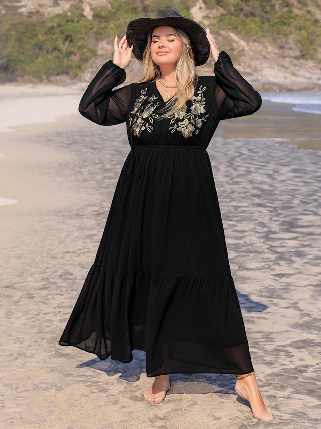 Plus Size Embroidered Tie Neck Long Sleeve Dress Trendsi Hanalas