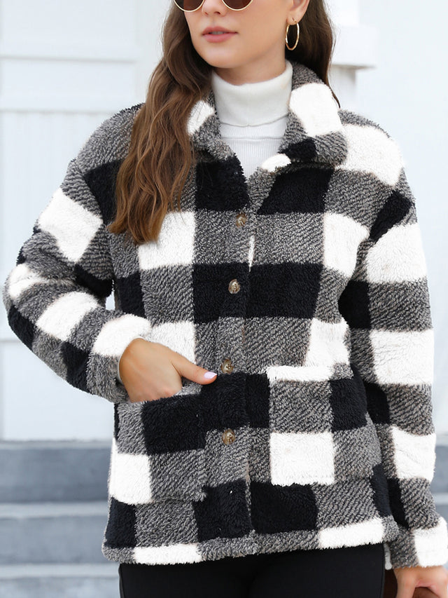 Button Up Drop Shoulder Fuzzy Jacket | Hanalas