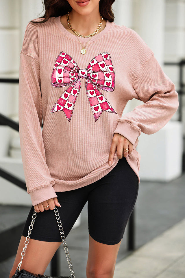 Valentine’s Day Bow Drop Shoulder Long Sleeve Sweatshirt | Hanalas