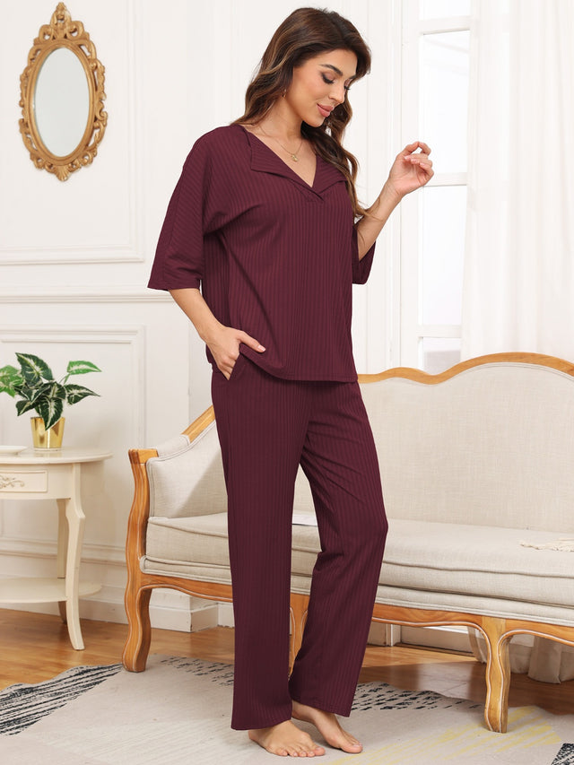 Ribbed Half Sleeve Top and Pocketed Pants Set | Hanalas