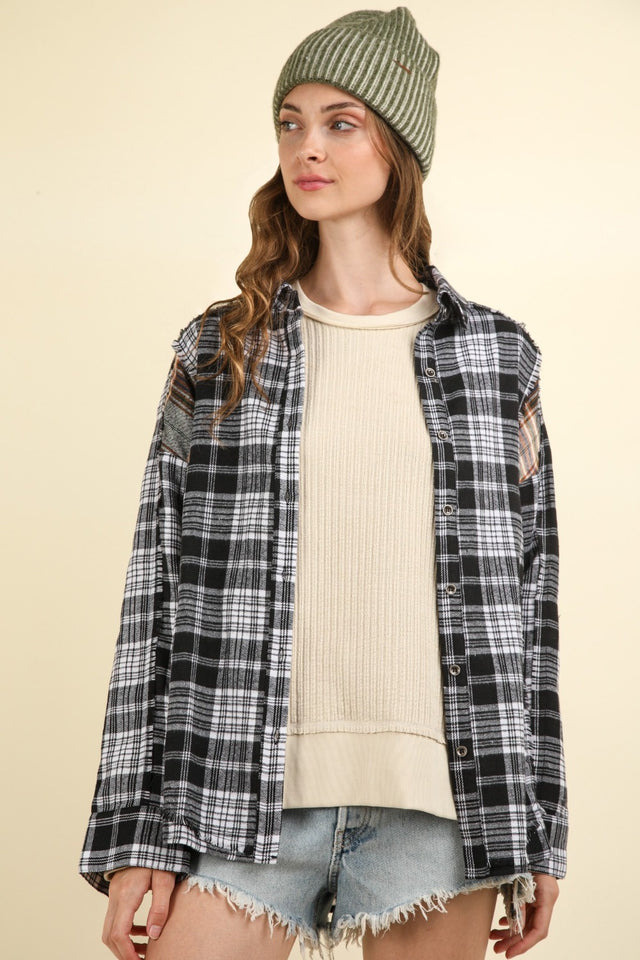 VERY J Contrast Plaid Raw Detail Shirt | Hanalas