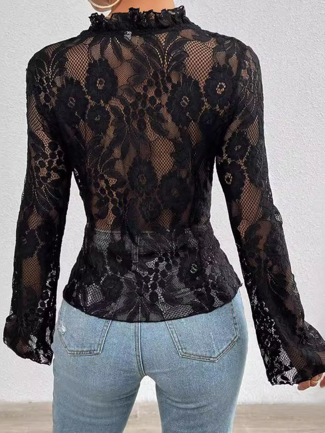 Tied V-Neck Long Sleeve Lace Top | Hanalas