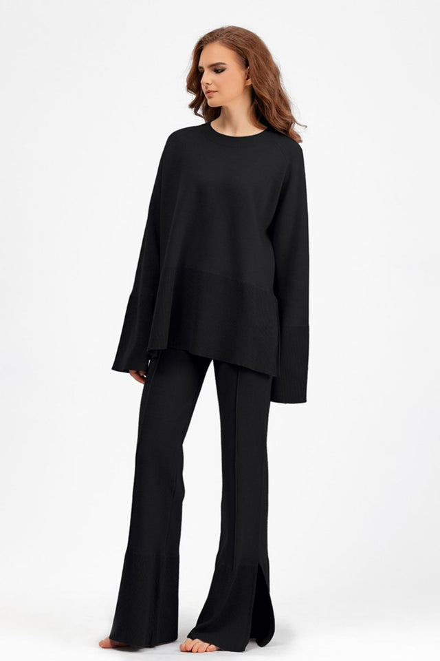 Basic Bae Slit Round Neck Long Sleeve Top and Drawstring Pants Sweater Set Trendsi Hanalas