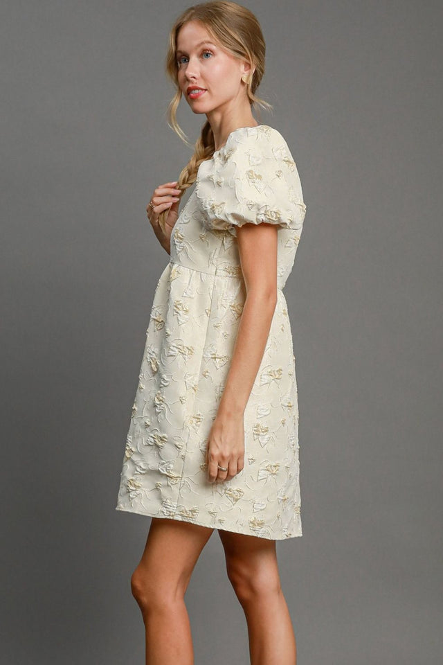 Umgee Heart Jacquard Square Neck Puff Sleeve Mini Dress | Hanalas